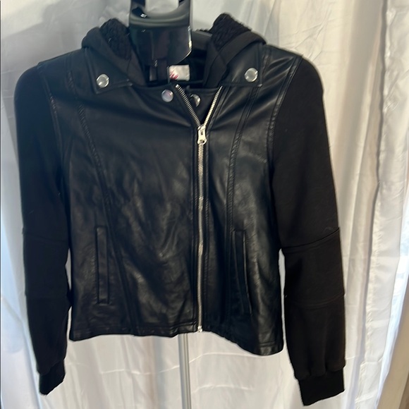 Justice Jackets & Blazers - Justice Black Leather Biker Jacket with Hood